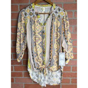 Anthropologie Fig and Flower Tunic Top Printed Shirred Back Blouson Sleeve Small